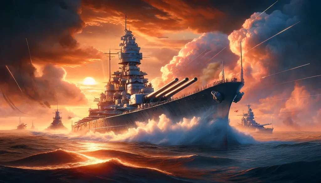 ワールドウォーシップス」の日本戦艦大和が海上で威風堂々と位置し、背景に夕日を迎えながら主砲を発射する様子。大きな水しぶきと煙が上がり、空はオレンジとピンクの色合いで戦闘の激しさを映し出している。