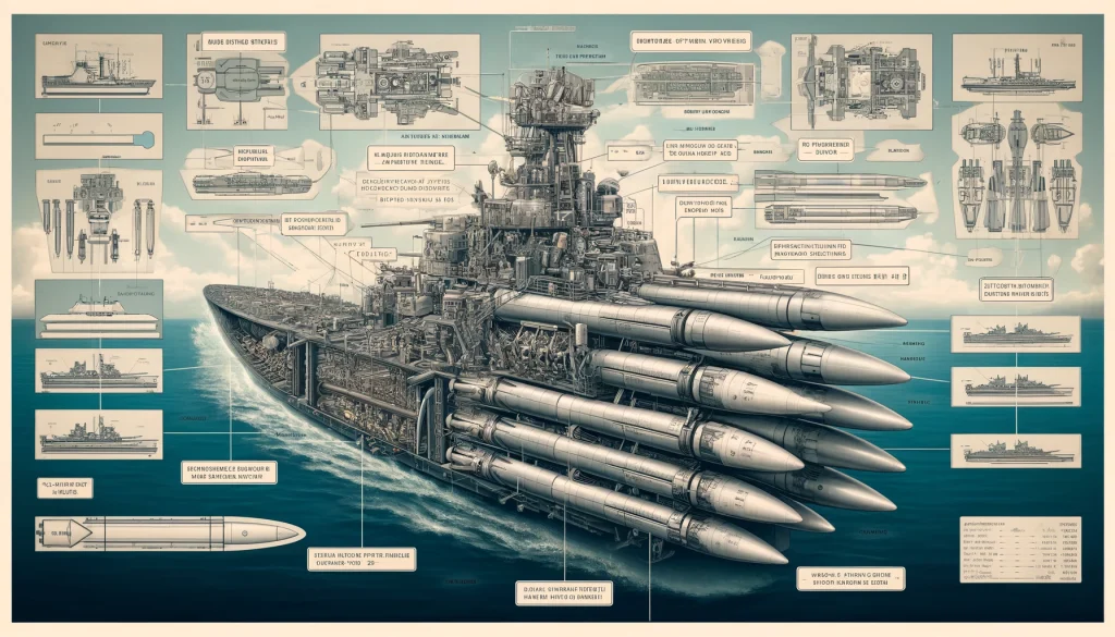 「日本駆逐艦島風の詳細な魚雷システムを示す技術図面、各部のラベル付き」