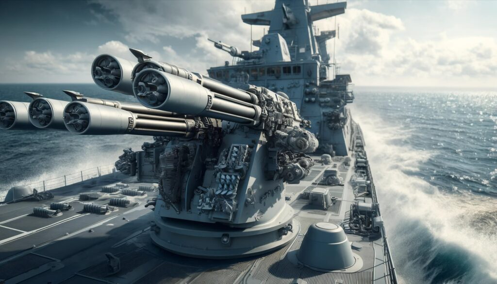 Z-52の主砲と魚雷発射管のクローズアップ画像。この画像では、モダンなドイツ駆逐艦の詳細な軍事技術が強調されており、海を背景に戦闘の準備が整っています。