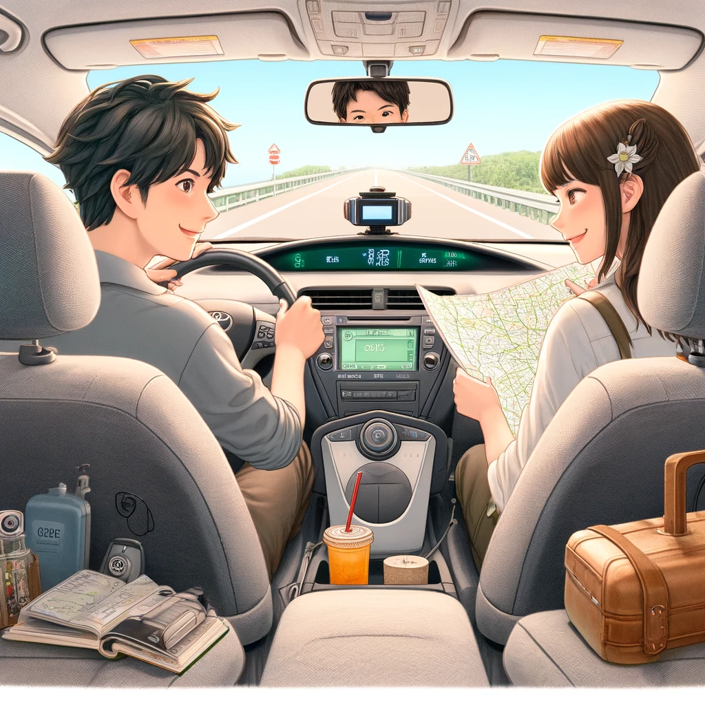 三人の友人がプリウスで楽しむドライブの始まり。和也が運転し、美咲がナビを務め、ヒロシが音楽を選んでいる車内の様子。