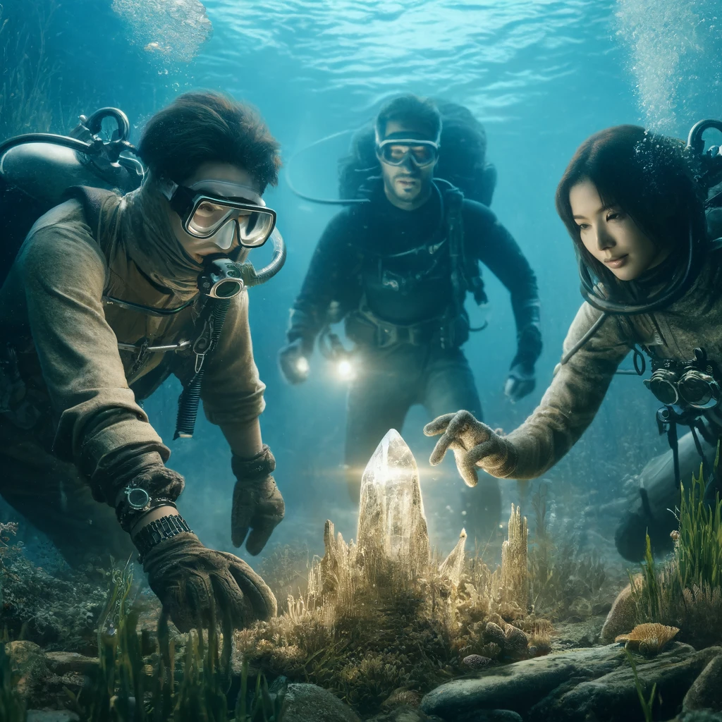 水中での冒険シーンが描かれており、三人がダイビング装備を着用して洞爺湖の底を探索している様子です。湖底にある古代の水晶と遺跡が神秘的な光を放っています。