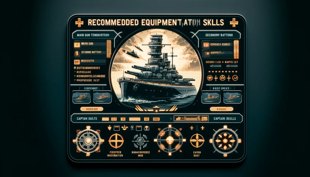 装備とスキルの推奨設定: SCHLIEFFENの推奨装備と艦長スキルを示す情報グラフィック。主砲改良や副砲改良、機関部強化などがハイライトされており、戦術的カスタマイズを強調しています。