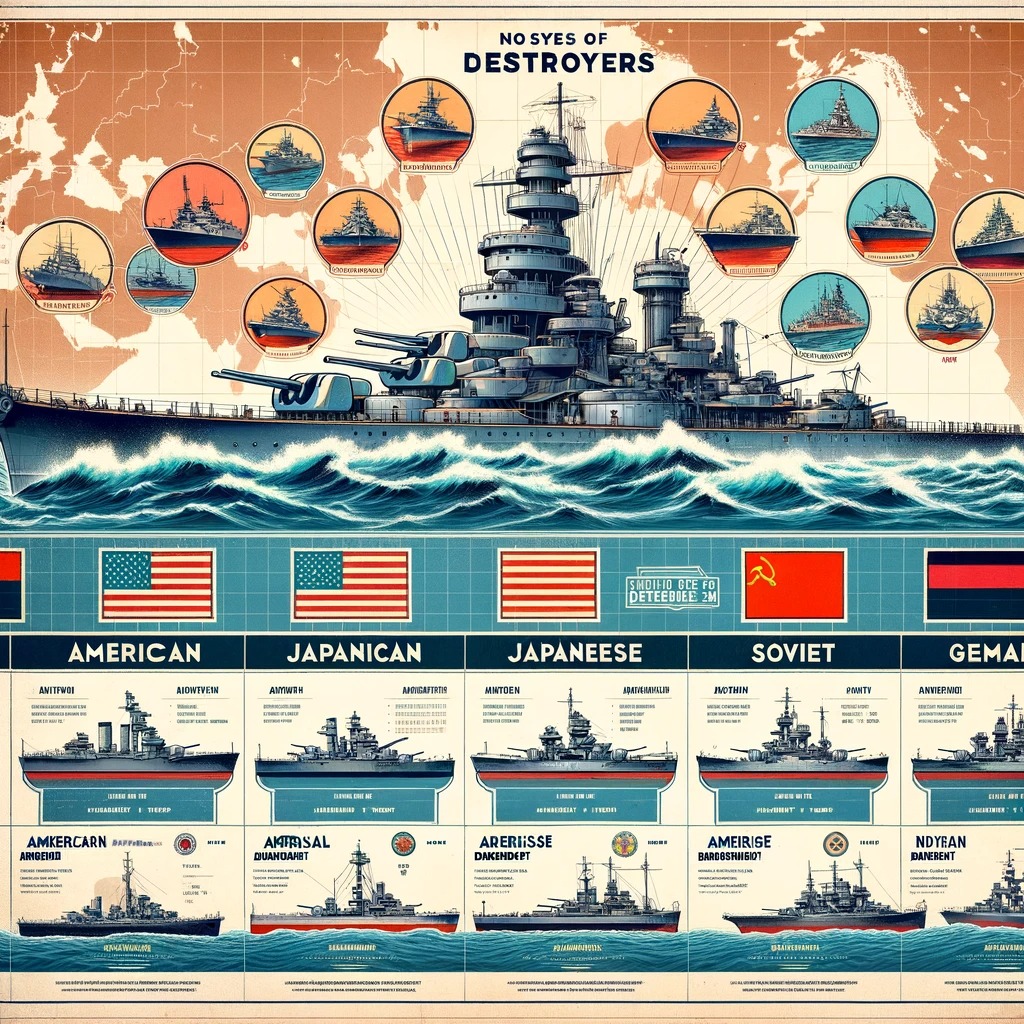 「ワールドウォーシップスに登場する各国の駆逐艦の特徴を示すインフォグラフィック。アメリカ、日本、ソ連、ドイツの駆逐艦がそれぞれアイコンで表現され、海洋や航海図をテーマにした背景が配置されている。各駆逐艦は明確にラベル付けされており、色彩豊かで直感的に国別の特性が理解できるデザインとなっている。」