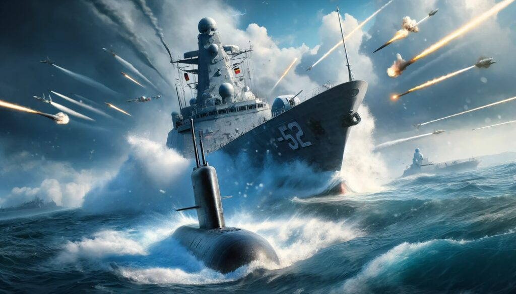 「ドイツ駆逐艦Z-52が敵潜水艦と交戦中の緊迫した海戦シーン。爆雷と魚雷を発射する激しいアクションが描かれ、動的な水しぶきと波が海面を覆っている。