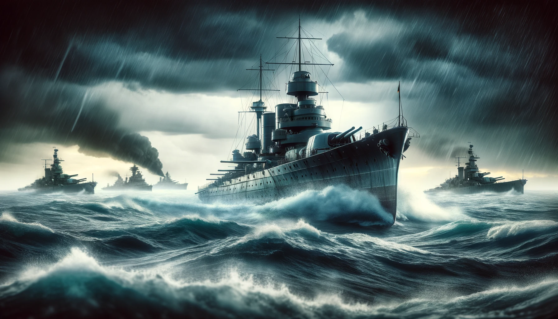 ドイツ戦艦SCHLIEFFENが全速力で敵艦隊に接近中。海は荒れ模様で、戦闘の緊迫感を感じさせるシーン。