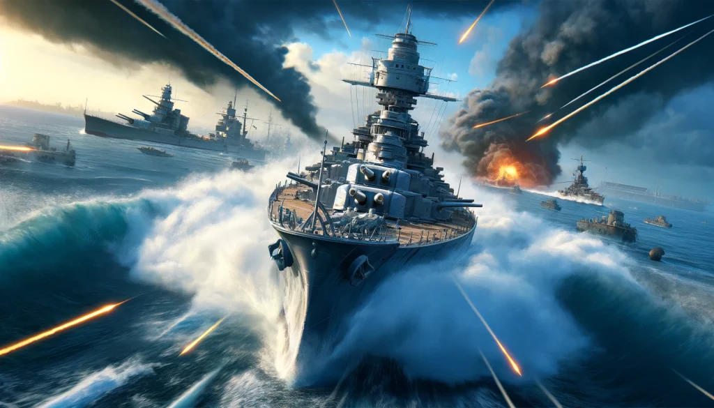 日本戦艦大和が戦闘中に敵の射撃を避けるために行う臨機応変な操舵を描いたダイナミックな画像。船体に激しくぶつかる波と背景に見える敵艦、緊急感が溢れるシーン。