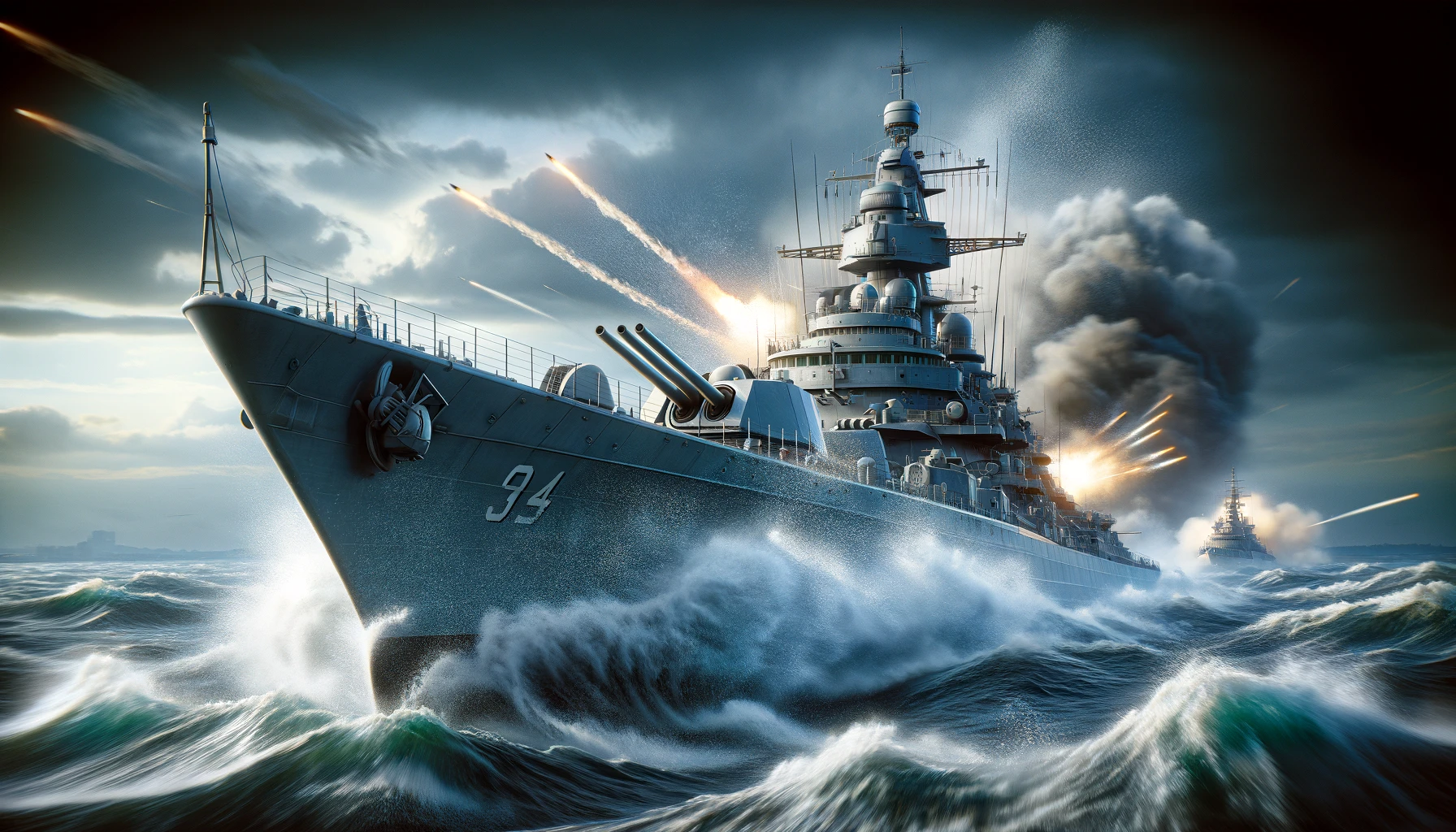 オランダ巡洋艦ハウデンリーウが主砲を発射中、激しい海戦の最中に大きな水しぶきとともに敵に立ち向かう瞬間を捉えたダイナミックなアクションショット。雲が立ち込める荒れた海とドラマチックな雰囲気が演出されています。
