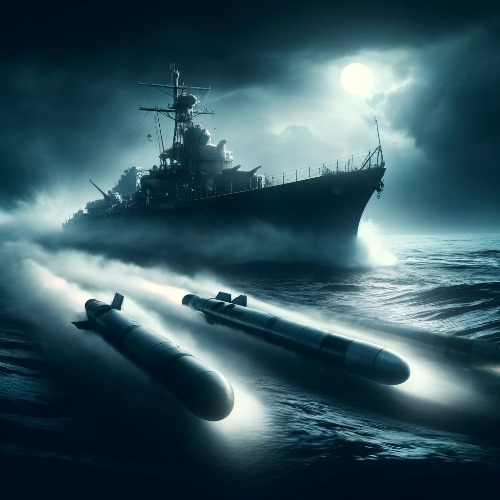 「月明かりと魚雷の光のみで照らされた海上で、魚雷を発射するアメリカの駆逐艦の夜間のシーン。船体は鋭い輪郭を持ち、砲塔が見える。この画像は、海上戦の緊迫感と駆逐艦の魚雷を使った戦術を強調している。」