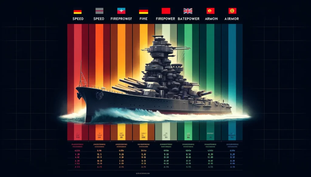 SCHLIEFFENと他国のティア10戦艦との比較図: 速度、火力、装甲を色分けしたバーで表した比較チャート。SCHLIEFFENの強みと弱点が一目でわかるように設計されています。