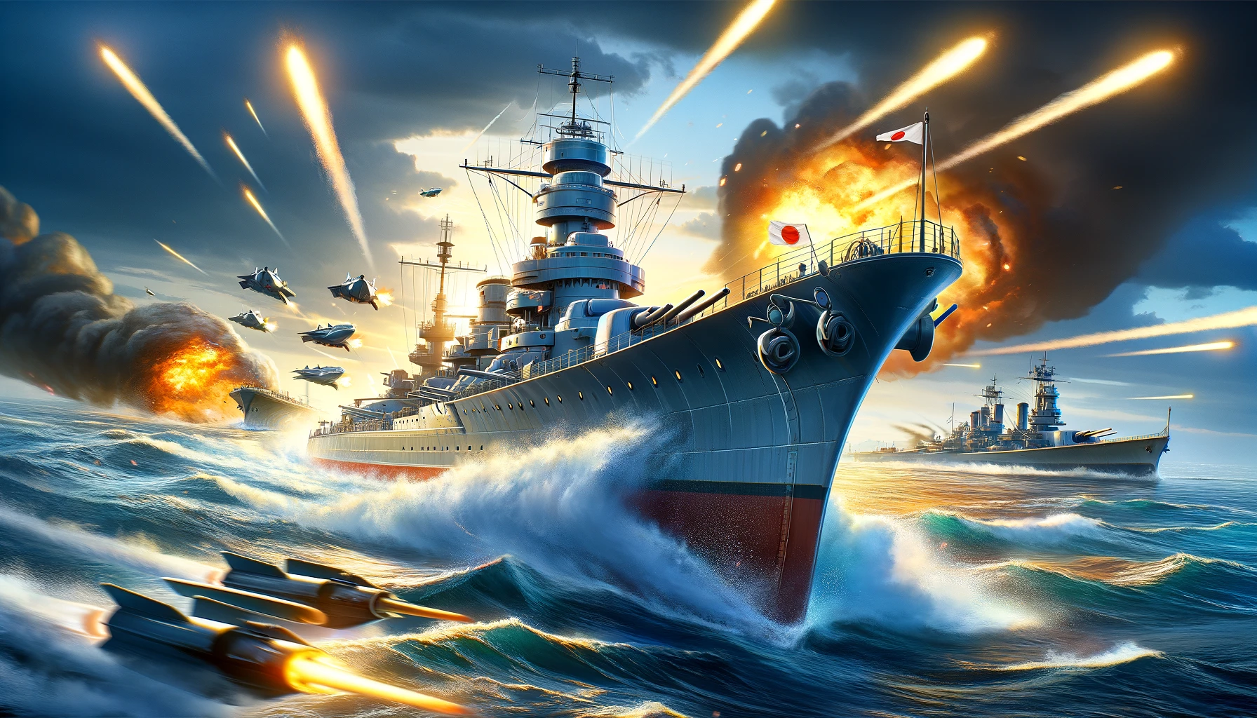 「ワールドウォーシップスの日本駆逐艦島風が激しい海戦中に魚雷を発射するダイナミックなイラスト」