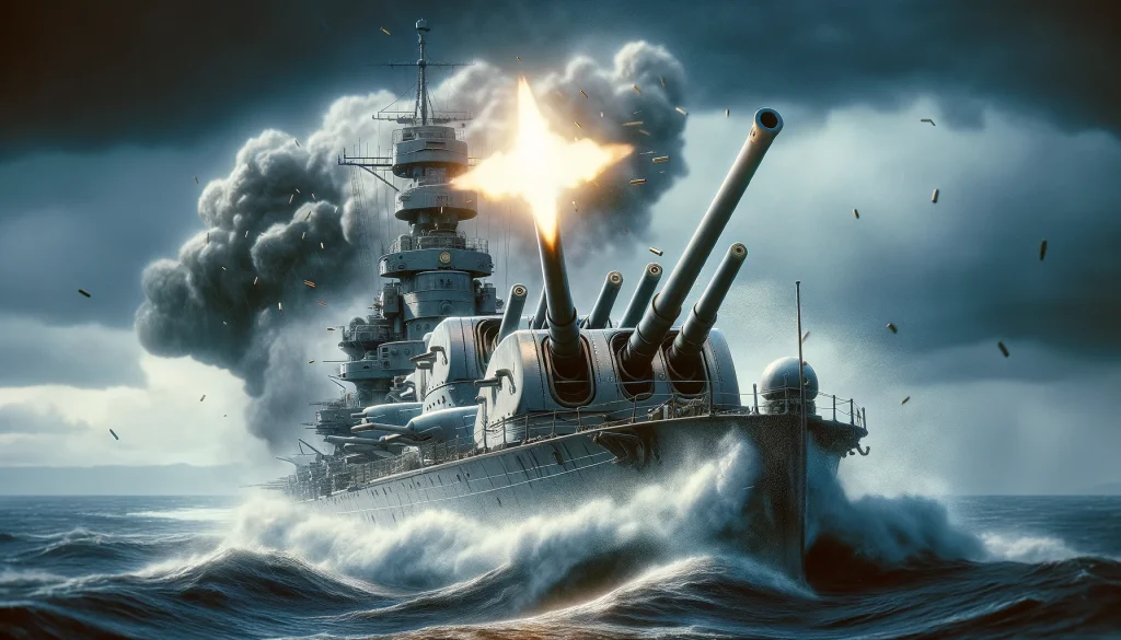 「激しい海戦中に砲撃を行う日本駆逐艦島風の主砲塔のクローズアップ、砲弾の排出と煙を特徴とする」