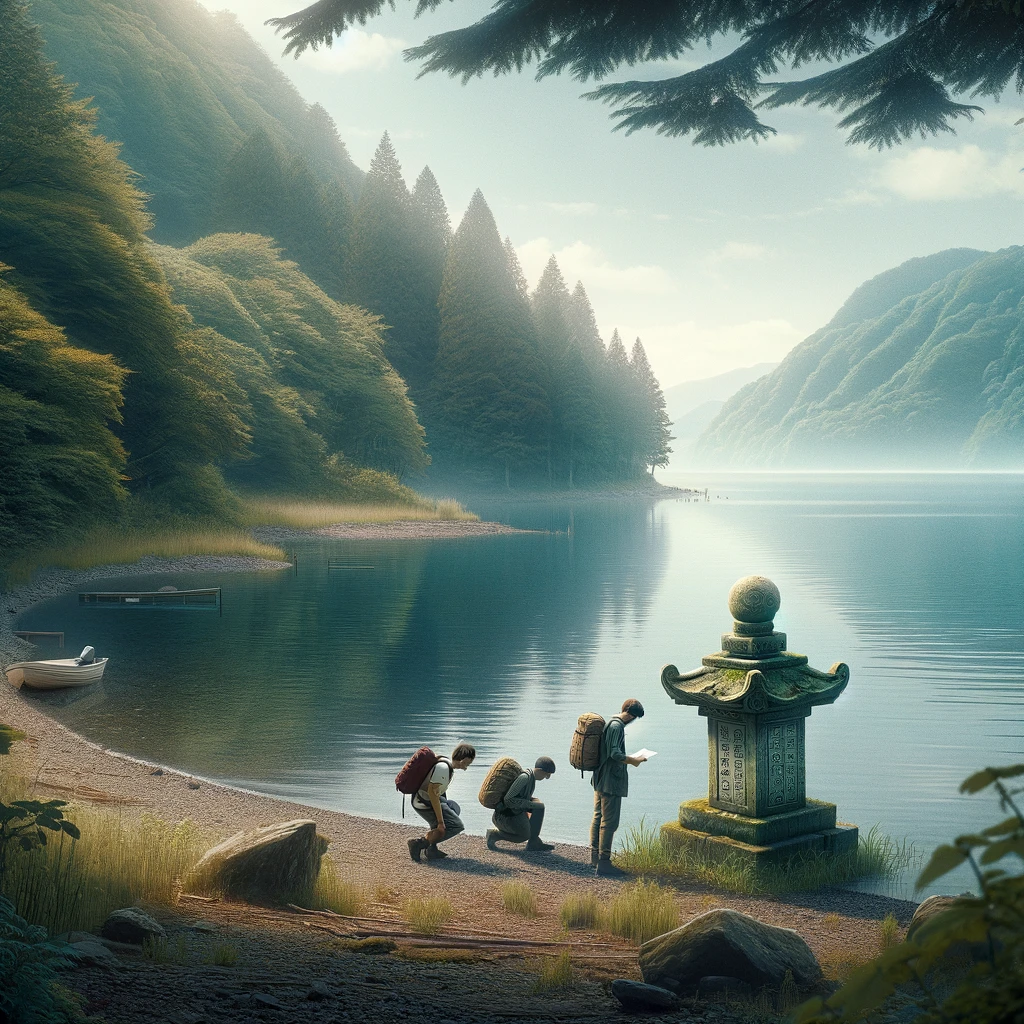 「洞爺湖のほとりで、謎の古代石碑を発見する三人。静かな湖とその周囲の自然に囲まれた瞬間。」