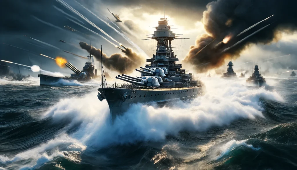 SCHLIEFFENが高速で敵陣を突破するシーン: 海の水しぶきを上げながら敵陣を突破するSCHLIEFFENのダイナミックな姿を描いた画像です。これは、艦の機動性と攻撃力を象徴しています。