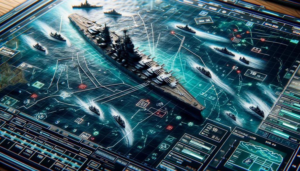 ワールドウォーシップス」内での日本戦艦大和の戦術マップ。敵の位置や推奨ルートが詳細に記された高技術的な海軍指揮インターフェイス風のグラフィック。