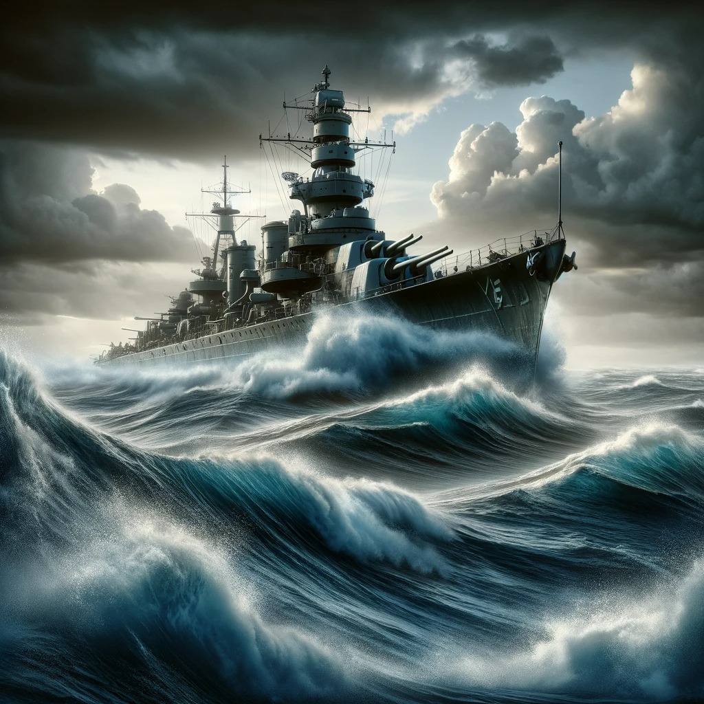 第二次世界大戦時代の駆逐艦が荒波を切り裂きながら進む、迫力満点の海洋シーン。