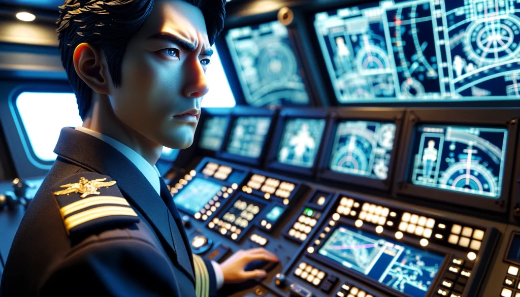 日本の巡洋艦「蔵王」の艦橋でナビゲーションスクリーンに集中する艦長の姿。戦略的思考を象徴する表情と高度なテクノロジーが感じられる場面。