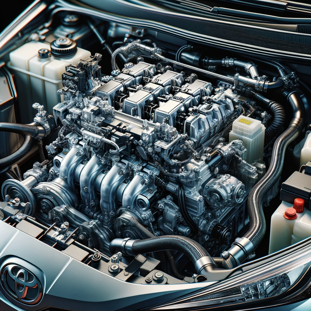 200,000キロを超える走行距離を経たプリウス50系のエンジンのクローズアップ。バッテリー、EGRバルブ、ブレーキシステムが含まれ、高度なエンジニアリングと整備された状態が示されている。