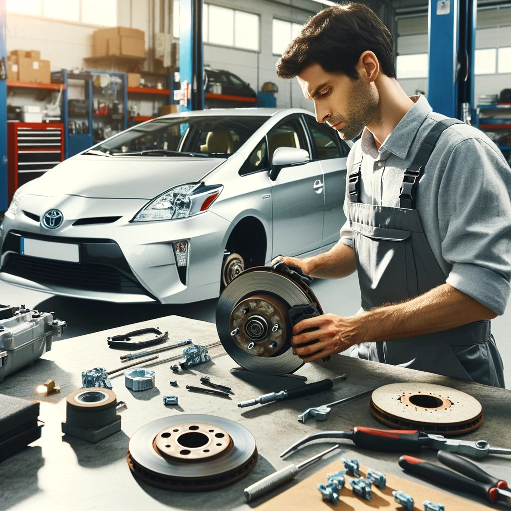 整備された自動車修理工場でブレーキシステムの点検を行うプロのメカニック。ブレーキパッドとディスクを検査する様子が描かれ、様々なブレーキシステムのツールや部品がクリアに表示されている。