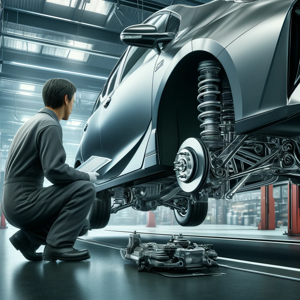 プロの自動車修理工場でショックアブソーバーとスプリングを点検するメカニック。車の下部を検査する様子が描かれ、整備された環境が明るく示されている。