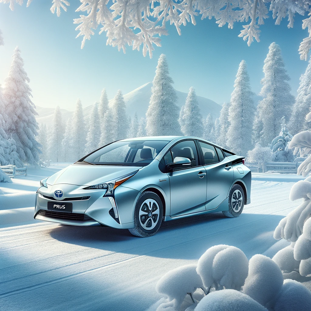 雪景色の中に駐車されたトヨタ・プリウスの画像。冷たい気候でもプリウスの優れたパフォーマンスと信頼性を示している。周囲には雪が積もった木々と晴れた青空があり、落ち着いた信頼できる雰囲気を醸し出している。