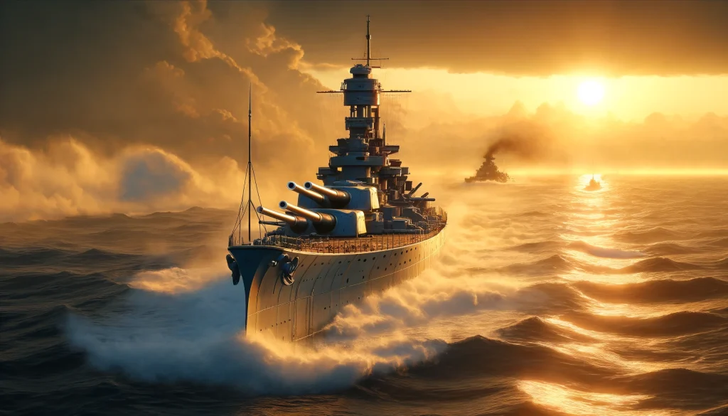 夕日に照らされた海上で主砲を発射する日本の巡洋艦蔵王のドラマチックなイメージ。船の力強いデザインが際立っています。