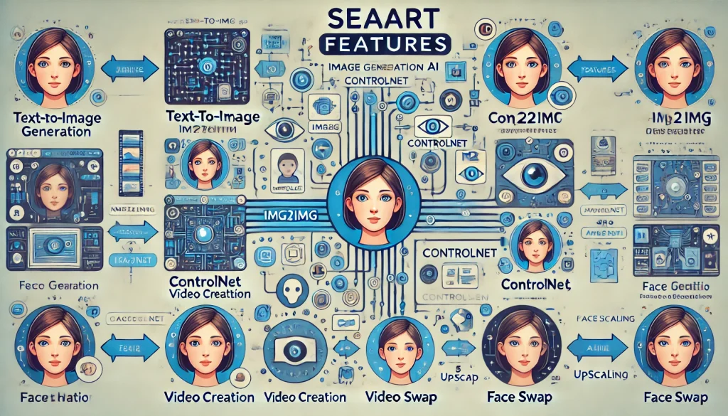 SeaArtの主要機能のインフォグラフィック。テキストから画像生成、Img2Img、ControlNet、動画作成、AI補完、顔交換、アップスケーリングの各機能を示す。各機能のアイコンと簡単な説明が含まれており、デザインはモダンで、青、白、灰色のカラースキームが使用されている。上部には『SeaArt Features』というタイトルが表示されている。