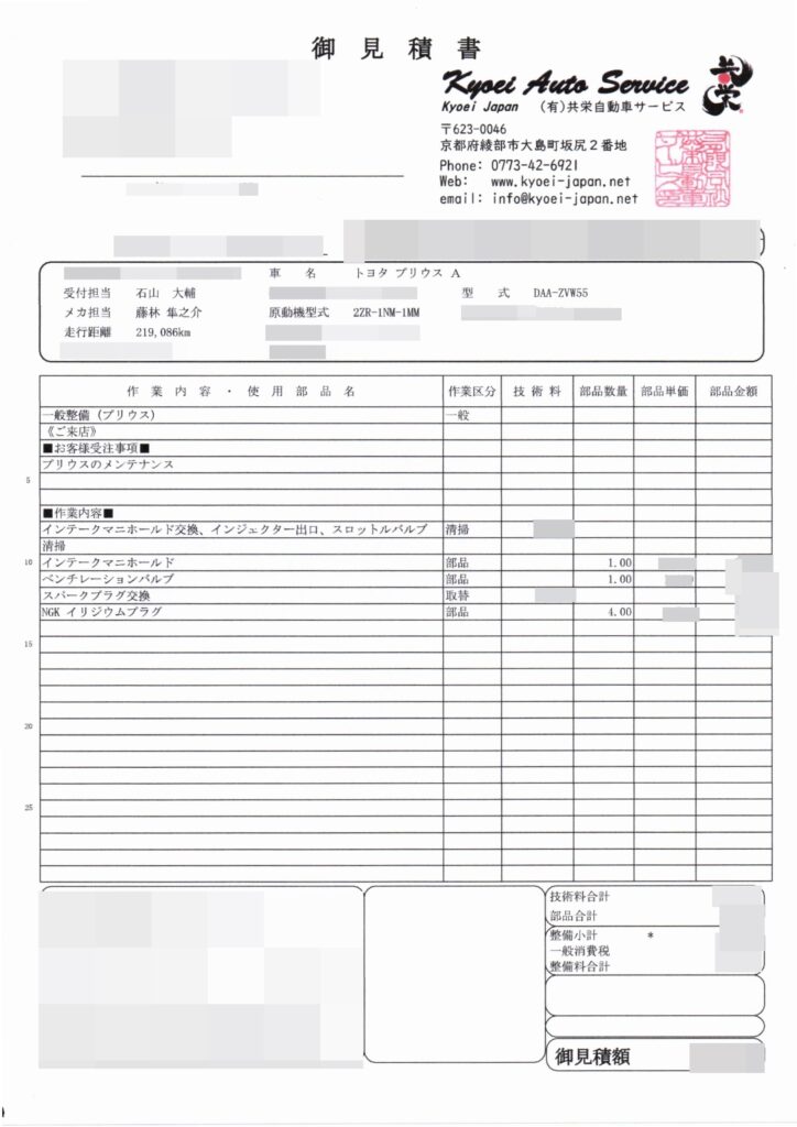 プリウス50系前期型、燃費改善計画の第一弾の共栄ジャパンさんの見積もり書