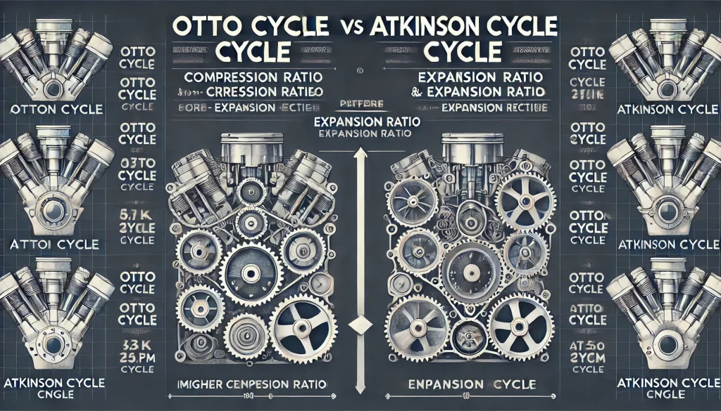 オットーサイクルとアトキンソンサイクルの圧縮比と膨張比の違いを示す比較図。