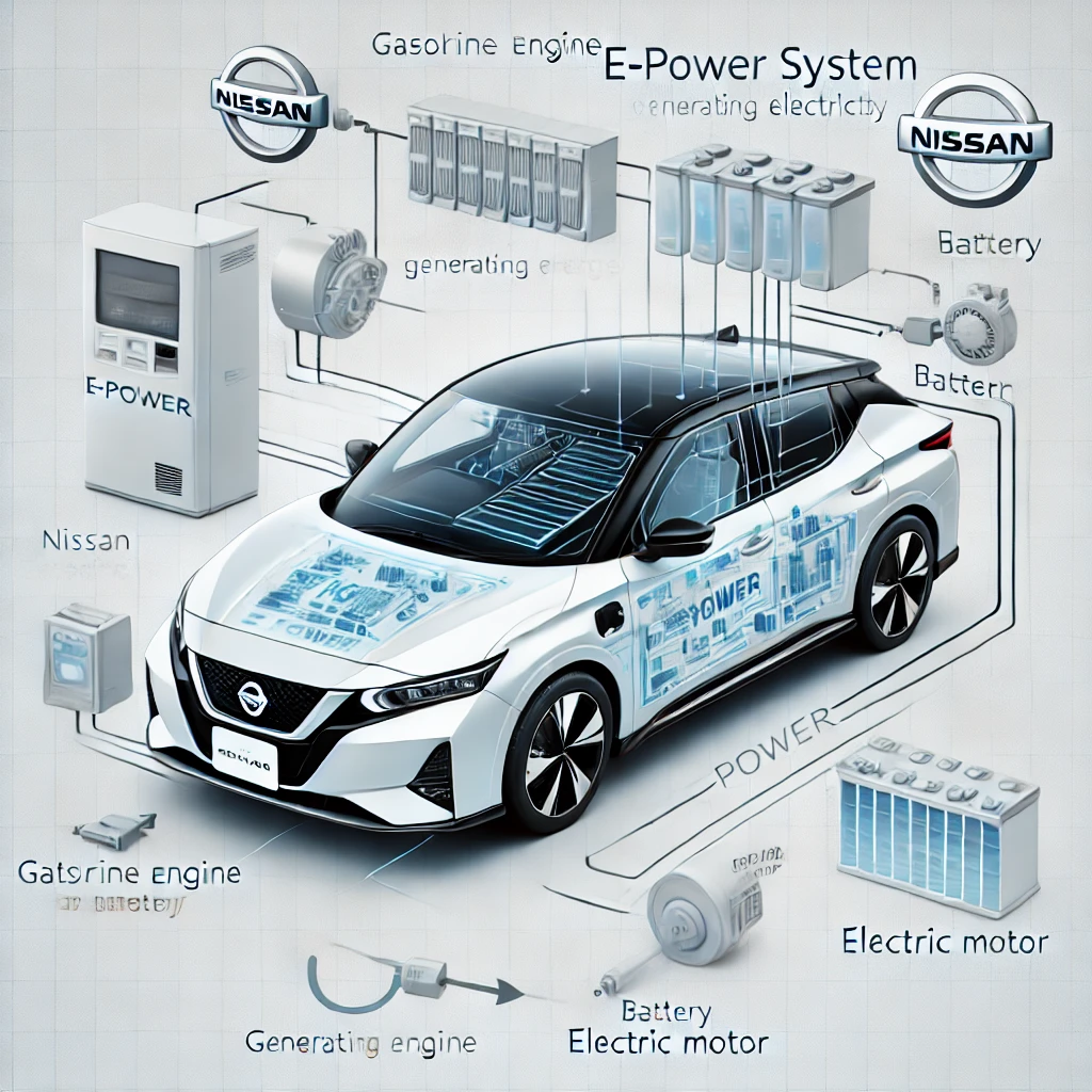 日産e-POWERシステムの説明図。エンジンが発電専用で、モーターが車両を駆動する仕組みを示すイラスト。白背景に、簡潔なラベルと矢印でエネルギーの流れを視覚化した図。