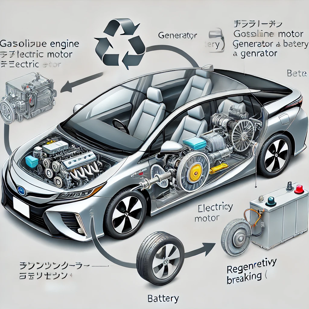 ハイブリッドシステムの基本構造を示すイラスト。車両の中央にエンジンとモーターが配置され、エネルギーの流れを矢印で表示。回生ブレーキとバッテリーの動作も視覚化された簡潔な解説図。