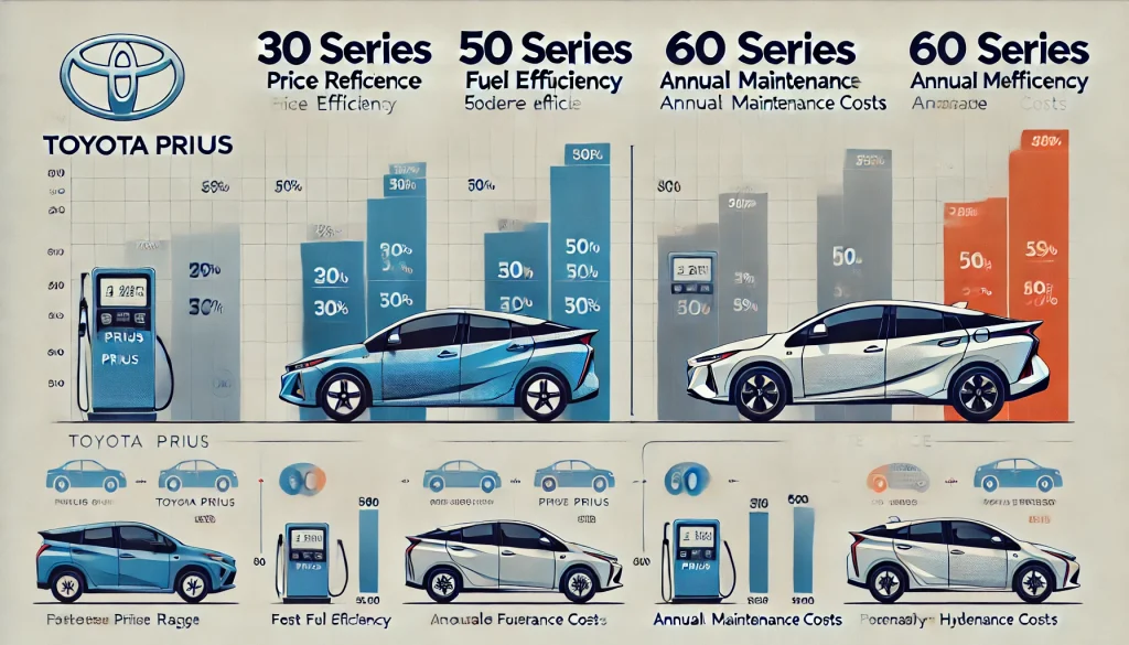 「プリウス30系、50系、60系の価格と維持費の比較。各世代の新車価格、燃費、年間の維持費が表示されているグラフィック。