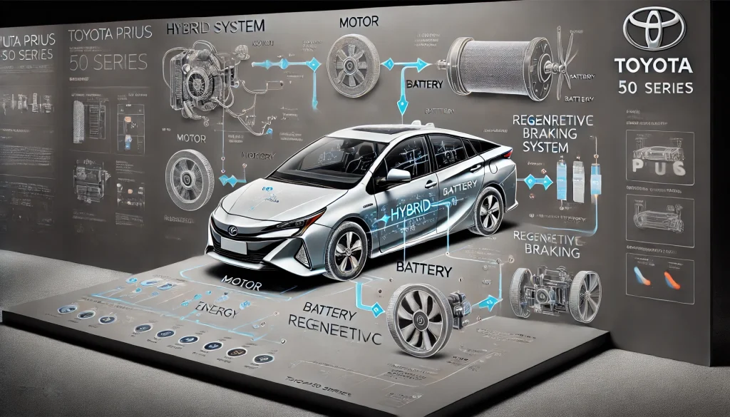 プリウス50系のハイブリッドシステム。エネルギー回生ブレーキとバッテリーで高い燃費効率を実現。