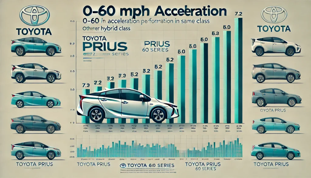 「プリウス60系の0-60mph加速性能を示すグラフ。7.2秒で加速する優れたパフォーマンスを視覚的に示す。