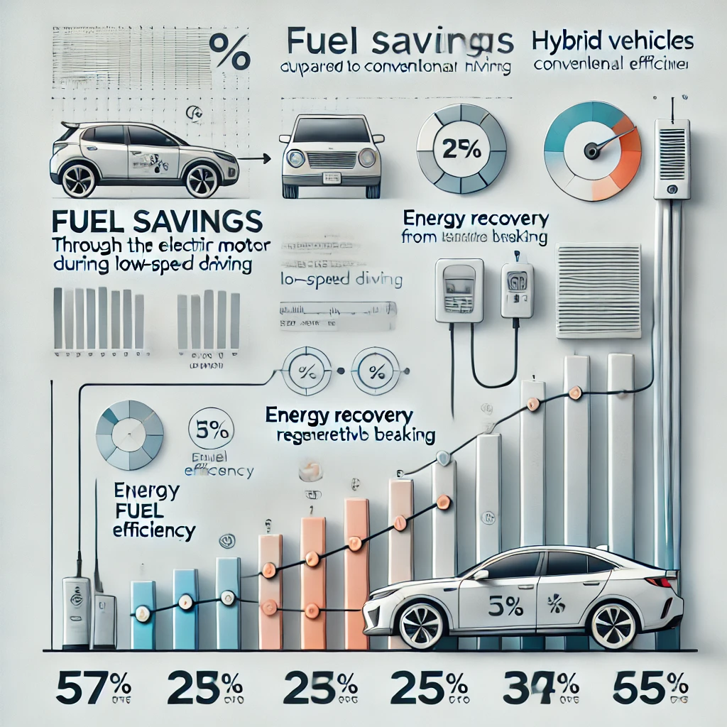 ハイブリッド車の燃費改善効果を示すグラフ。内燃機関とモーターの協働により、燃費効率が向上する様子と、回生ブレーキによるエネルギー回収が視覚化された図