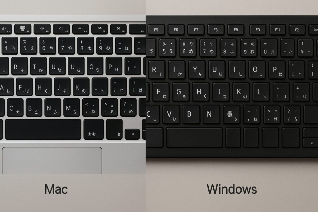 MacとWindowsのキーボード配置の比較。スペースキー横にある切り替えキーの違いを示した図。
