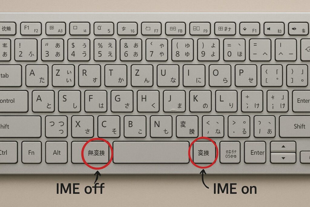 Windowsキーボードの無変換キーと変換キーの位置を示す図。IMEオン・オフ切り替えの設定例付き。
