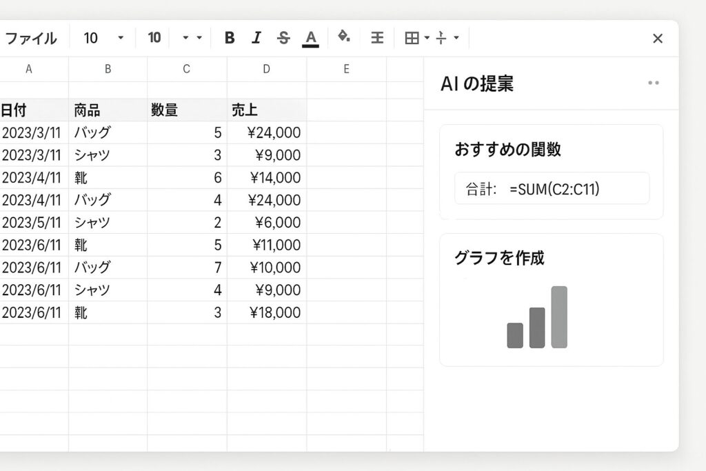 Canva Sheetsの画面。データに対してAIが「おすすめの関数」や「グラフを作成」と提案している様子。
