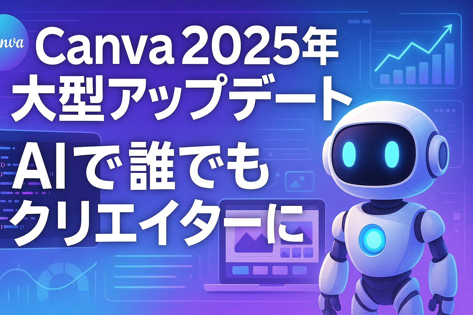 「Canva 2025年 大型アップデート」「AIで誰でもクリエイターに」と書かれた日本語のサムネイル画像。未来的な背景に、デジタルUIとCanvaのロゴが配置されている。