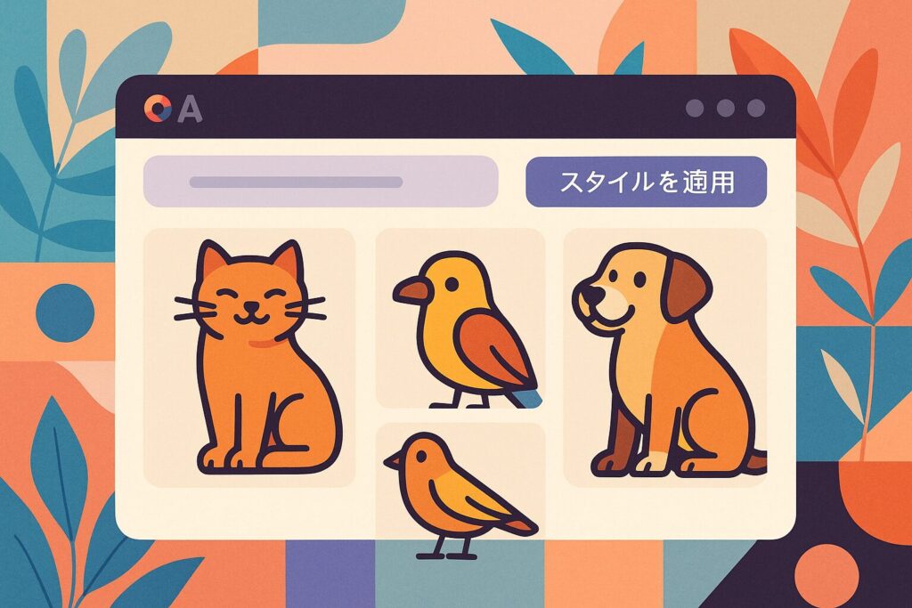ブランドスタイルを適用して、猫・犬・鳥を同じタッチで描いている画像生成AIの画面イメージ。
