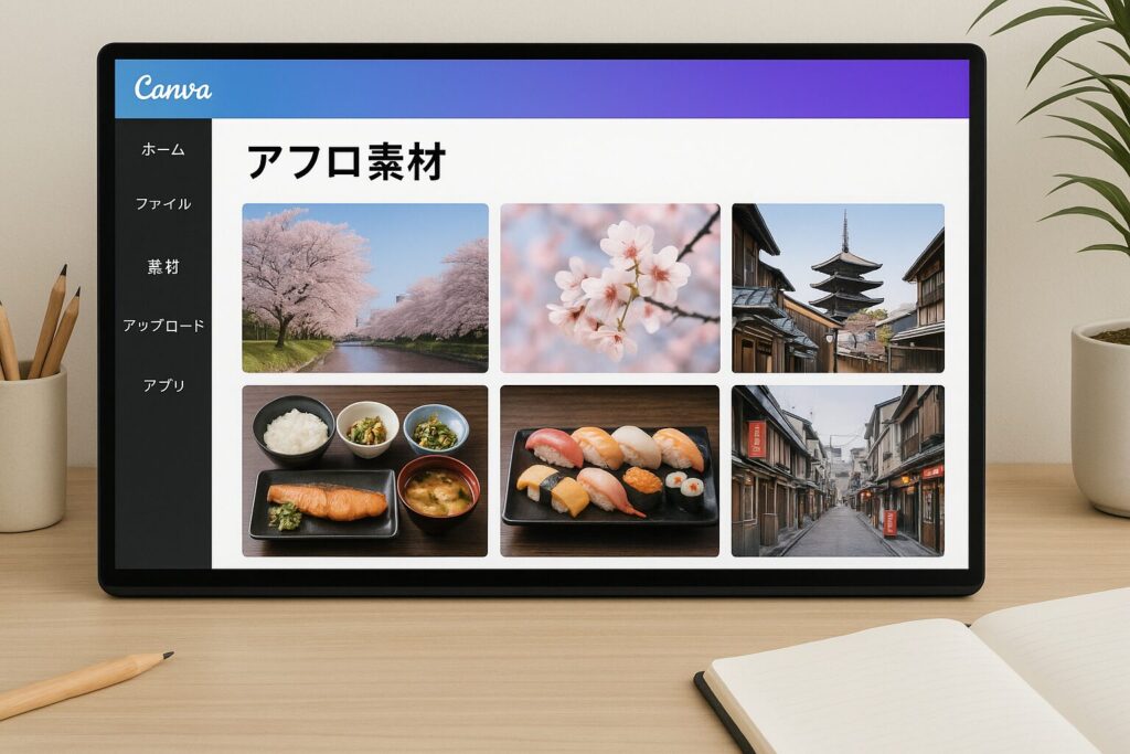 Canvaに表示されたアフロ素材の検索結果画面。桜、和食、日本の街並みなどの画像が並んでいる。
