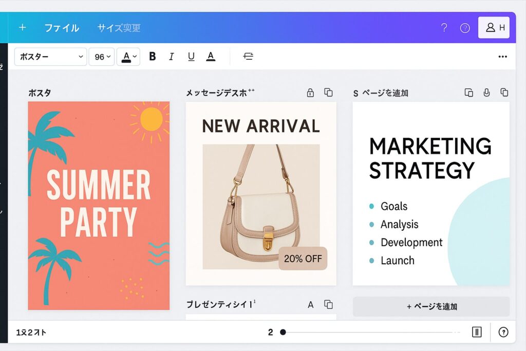 ポスター、SNS投稿、プレゼン資料を同時に編集しているCanvaの画面。マルチデザイン機能が使われている様子。
