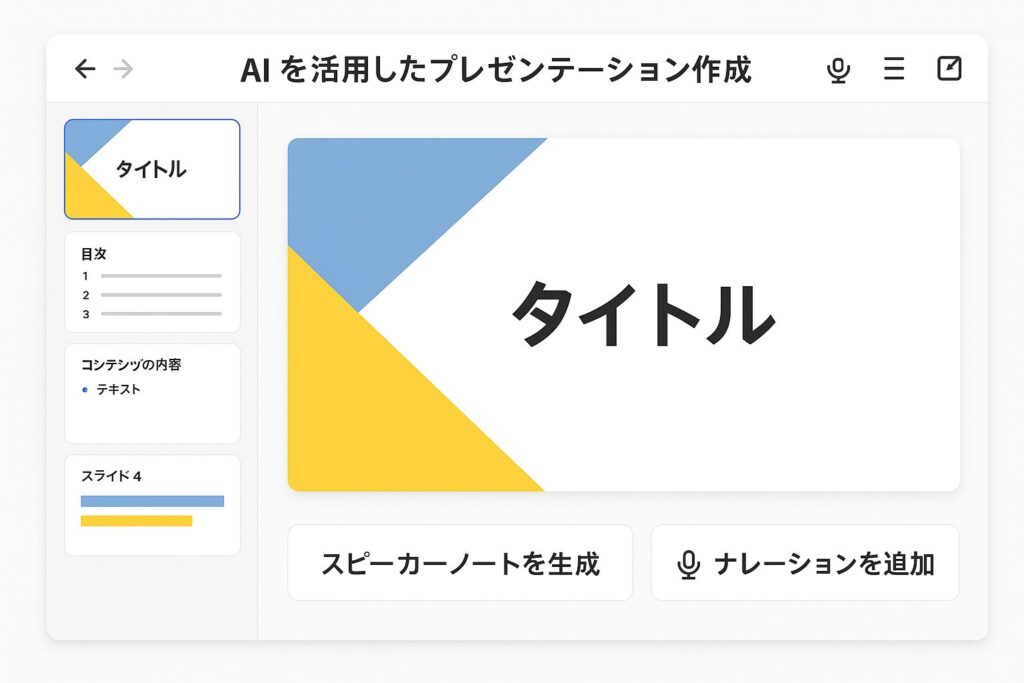 Canvaのプレゼン資料作成画面。スライドと一緒に「スピーカーノートを生成」「ナレーションを追加」のオプションが表示されている。
