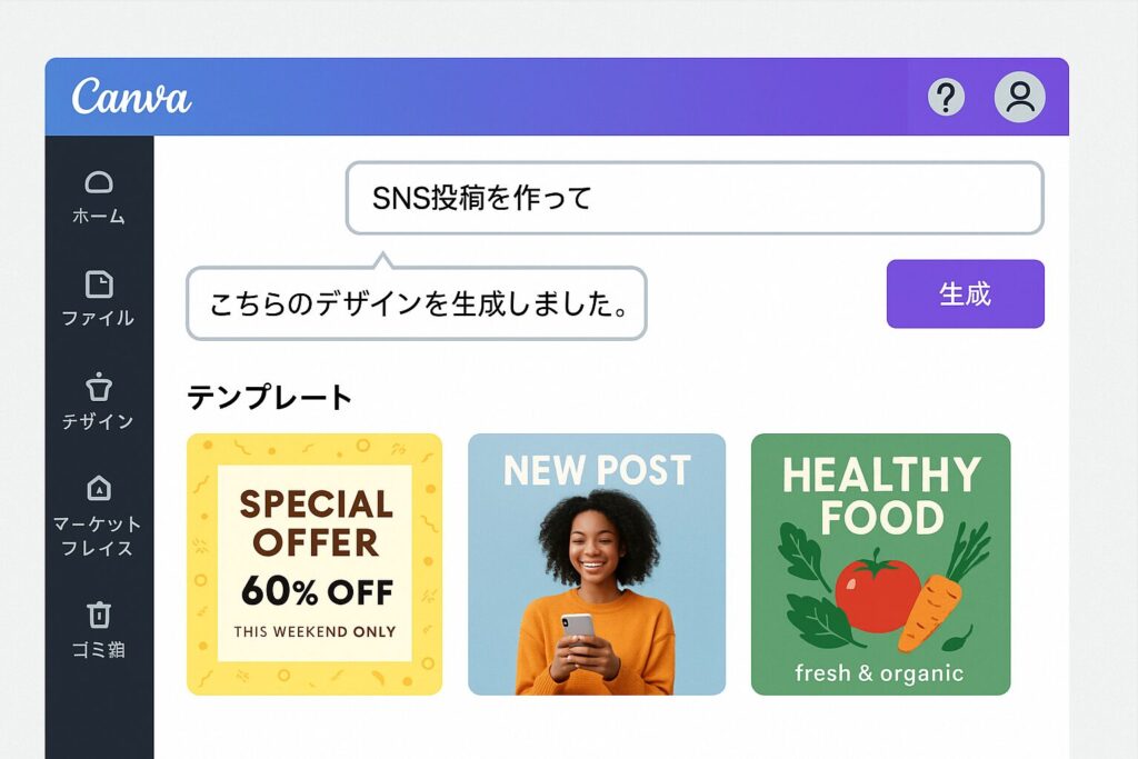 Canva AIの対話画面イメージ。日本語で入力されたプロンプトに対し、自動生成されたデザイン案が3つ提示されている様子。
