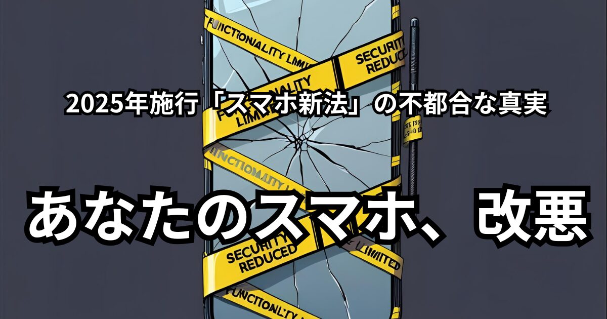 スマホ新法による機能制限とセキュリティリスクを警告する記事のアイキャッチ画像。スマートフォンが警告テープで巻かれている。