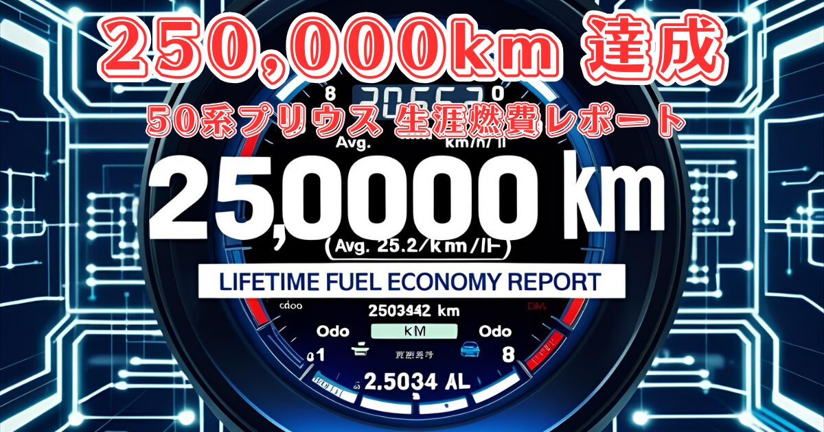 走行距離25万キロを突破したプリウス50系前期のメーター。生涯燃費25.2km/Lを示している。
