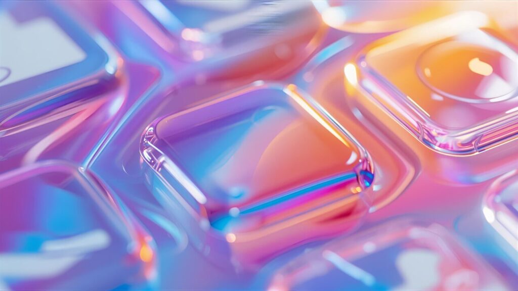 iOS 26のLiquid Glassデザインが適用されたiPhoneのホーム画面。ガラスのように透明なアプリアイコンが、背景の壁紙を美しく屈折させている様子。