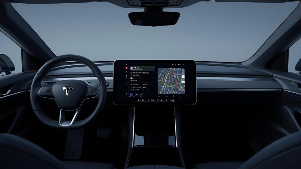 未来の自動車のダッシュボードに表示されたCarPlay Ultraのインターフェース。ワイドスクリーンに3Dナビゲーション、音楽、エアコン操作が統合されている。
