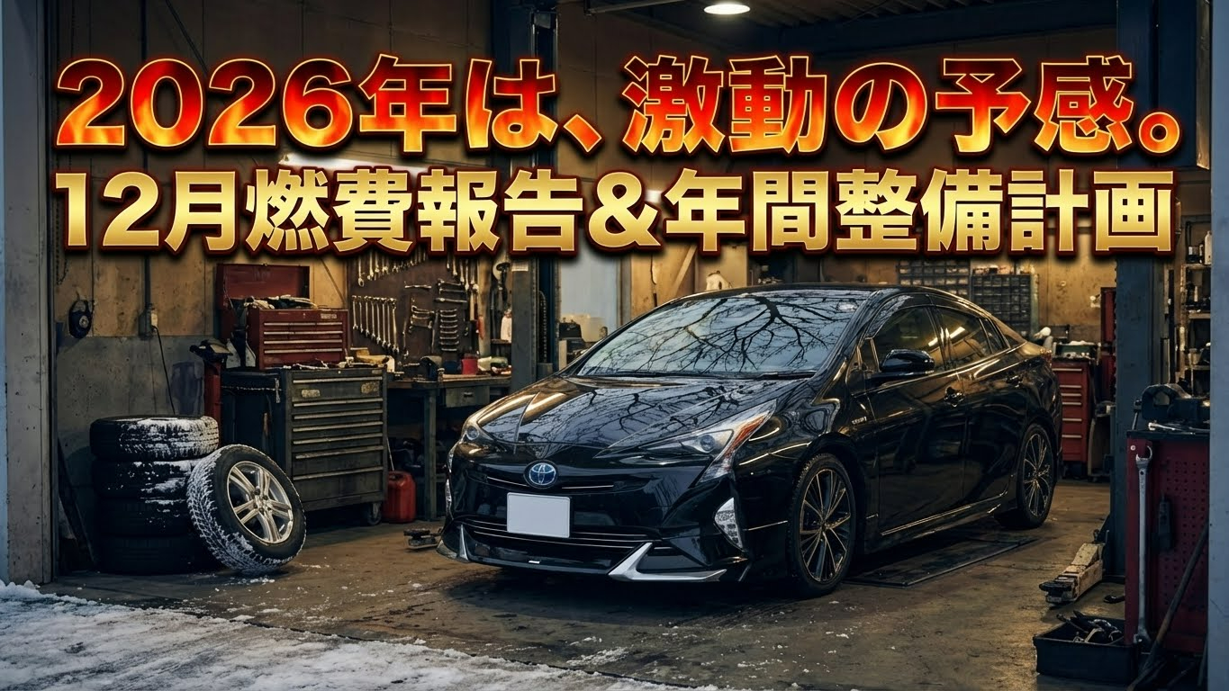 整備工場で出番を待つプリウス。「2026年は、激動の予感。」というキャッチコピー