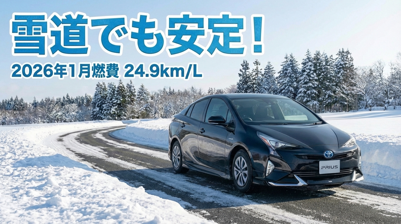 雪道を走破したプリウスのイメージ。「雪道でも安定！2026年1月燃費報告」の文字