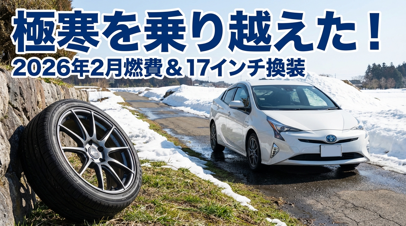雪を被ったプリウスと、新しいタイヤのイメージ。「極寒を乗り越えた！2026年2月燃費報告＆17インチ換装」の文字